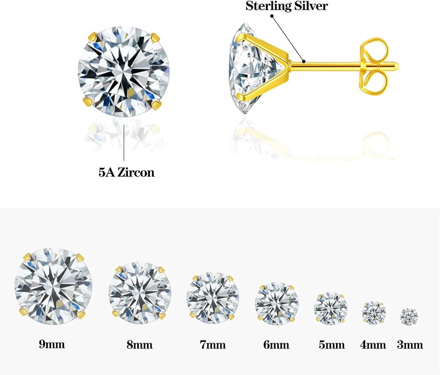 7 Pairs Stud Earrings Week Set,925 Sterling Silver Hypoallergenic 5A Cubic Zirconia 24K Gold Plated Earrings for Women CZ Earrings 3-9mm