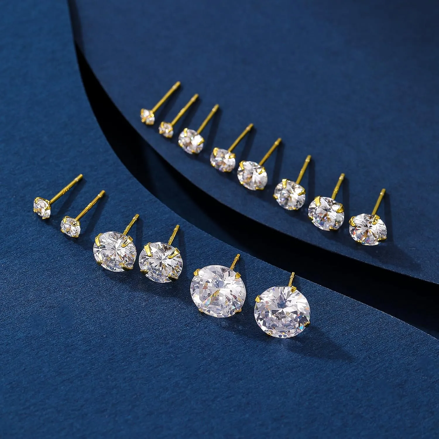 7 Pairs Stud Earrings Week Set,925 Sterling Silver Hypoallergenic 5A Cubic Zirconia 24K Gold Plated Earrings for Women CZ Earrings 3-9mm