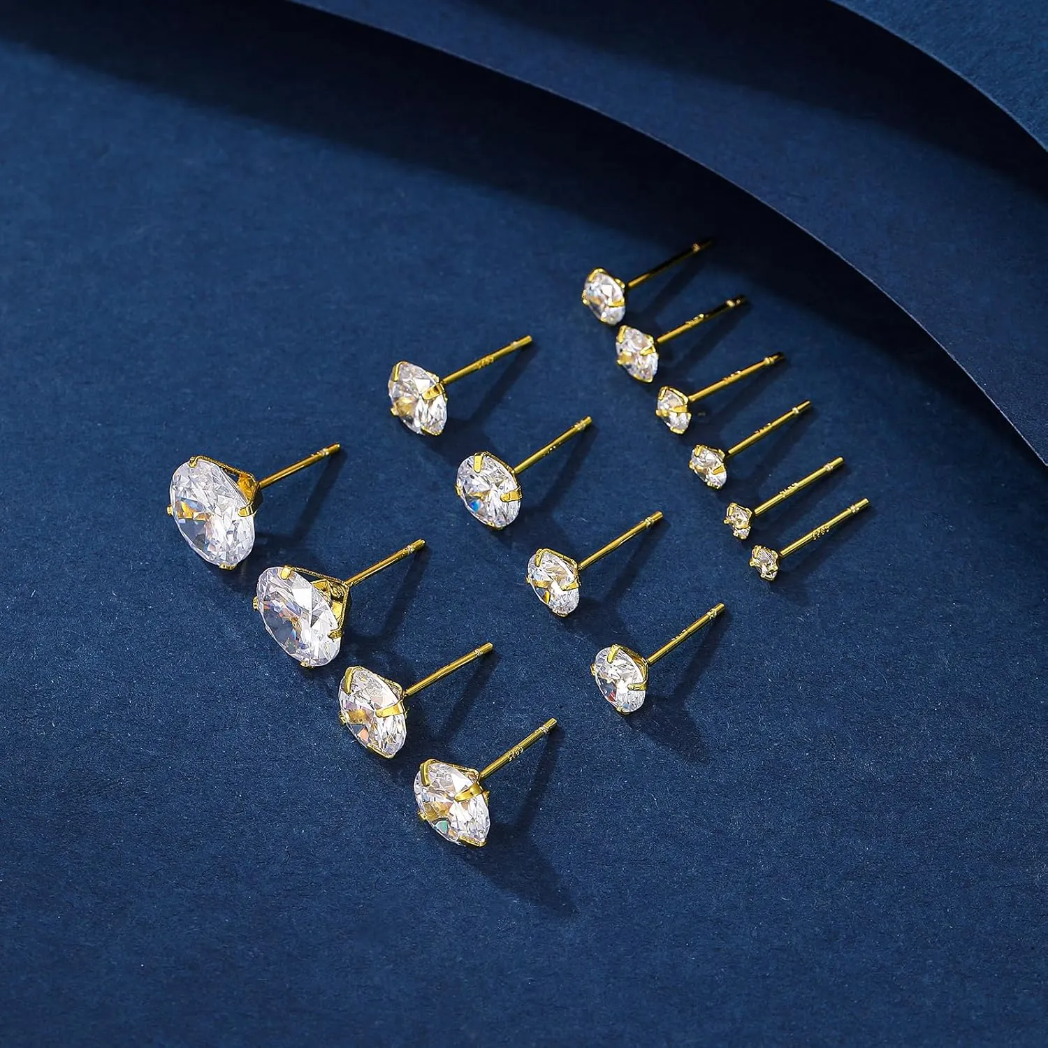 7 Pairs Stud Earrings Week Set,925 Sterling Silver Hypoallergenic 5A Cubic Zirconia 24K Gold Plated Earrings for Women CZ Earrings 3-9mm