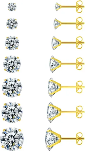 7 Pairs Stud Earrings Week Set,925 Sterling Silver Hypoallergenic 5A Cubic Zirconia 24K Gold Plated Earrings for Women CZ Earrings 3-9mm