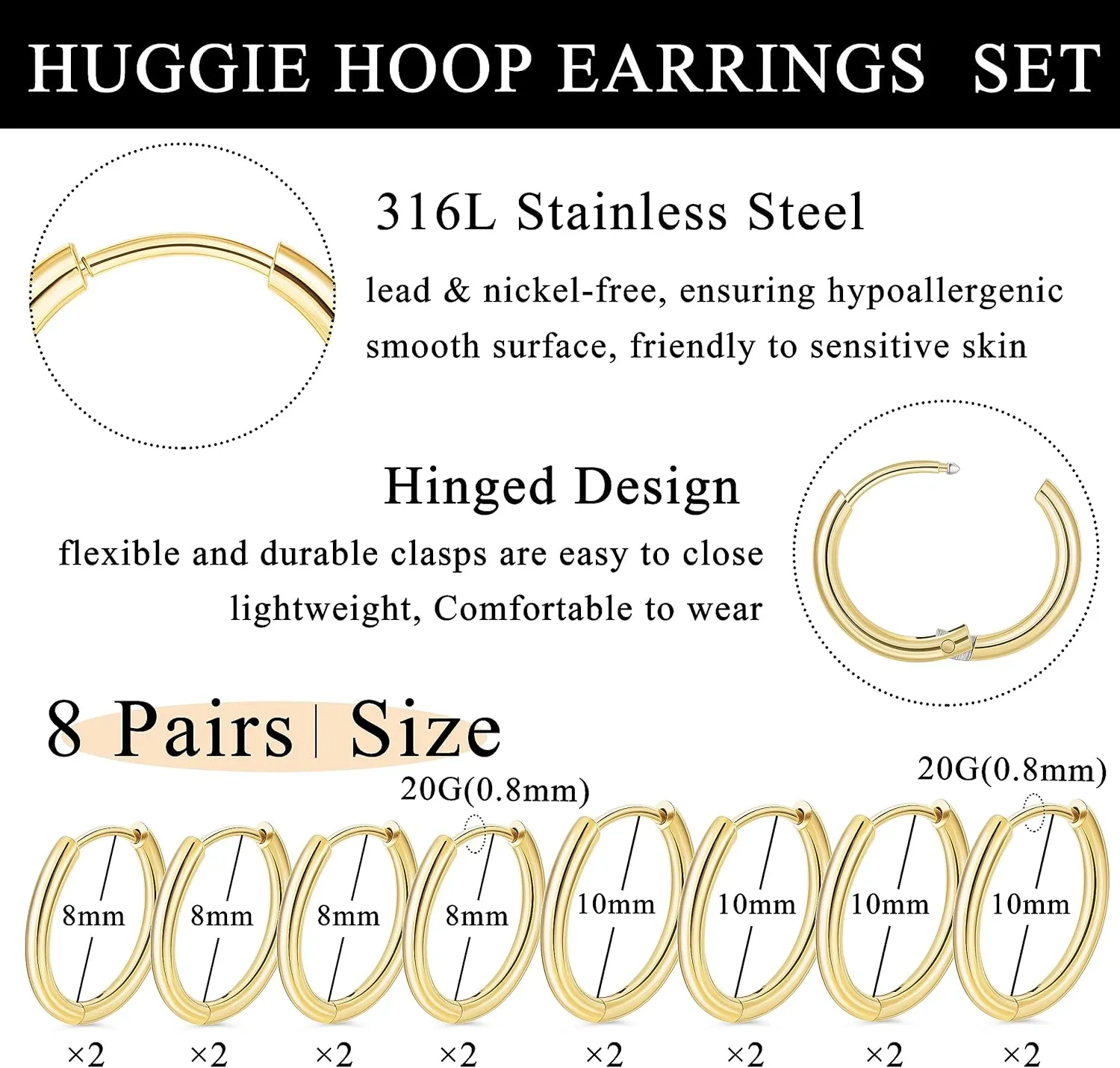 8 Pairs 20G Stainless Steel Huggie Hoop Earrings for Men Women Cartilage Helix Lobes Hoop Earrings Hinged Sleeper Earrings Hypoallergenic Earring Sets for Multiple Piercings 6mm-12mm