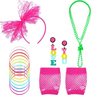 80s Fancy Dress Costume Accessories Lace Headband Earrings Fishnet Gloves Necklace Bracelet for 80s Retro Party (Colorful)