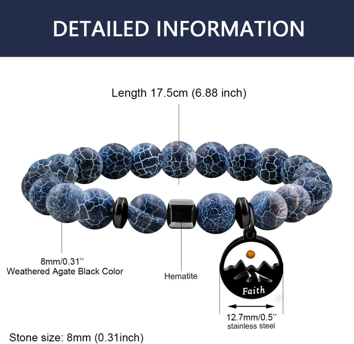 8mm Natural Stone Beaded Bracelet Inspirational Jewelry | Black Faith Mountain Mustard Seed Round Charms Bracelets for Women and Men Y4107