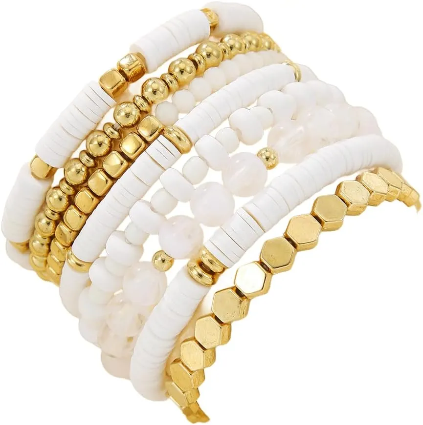 8Pcs Heishi Beaded Stretch Bracelets Bohemian Stackable Bracelet Heart Clay Gold Beaded Bracelet for Women Multi-Layer Friendship Summer Beach Jewelry