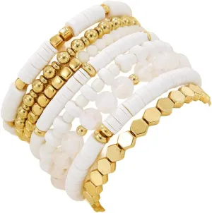 8Pcs Heishi Beaded Stretch Bracelets Bohemian Stackable Bracelet Heart Clay Gold Beaded Bracelet for Women Multi-Layer Friendship Summer Beach Jewelry