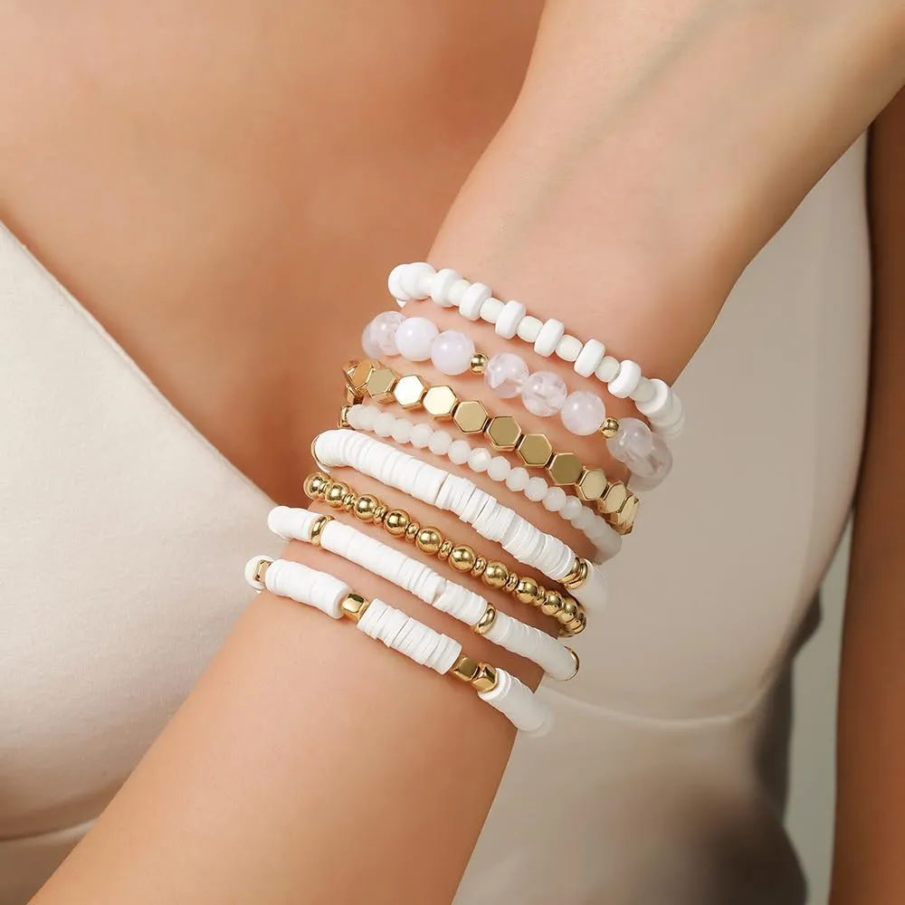 8Pcs Heishi Beaded Stretch Bracelets Bohemian Stackable Bracelet Heart Clay Gold Beaded Bracelet for Women Multi-Layer Friendship Summer Beach Jewelry