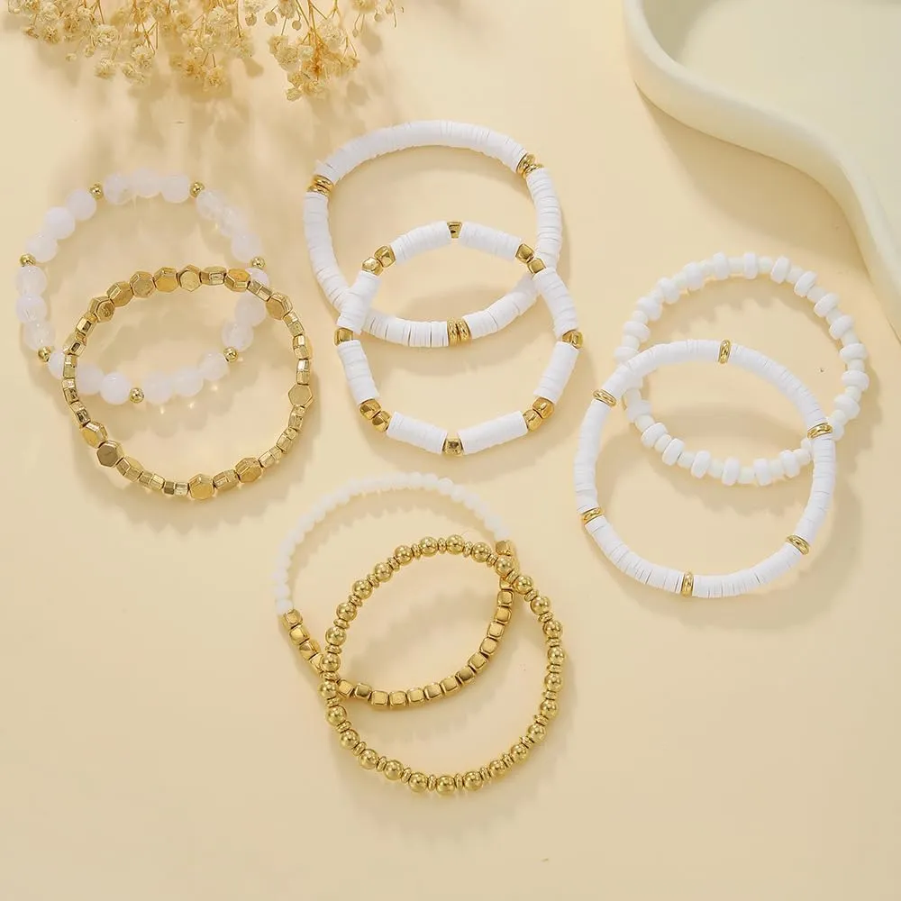 8Pcs Heishi Beaded Stretch Bracelets Bohemian Stackable Bracelet Heart Clay Gold Beaded Bracelet for Women Multi-Layer Friendship Summer Beach Jewelry