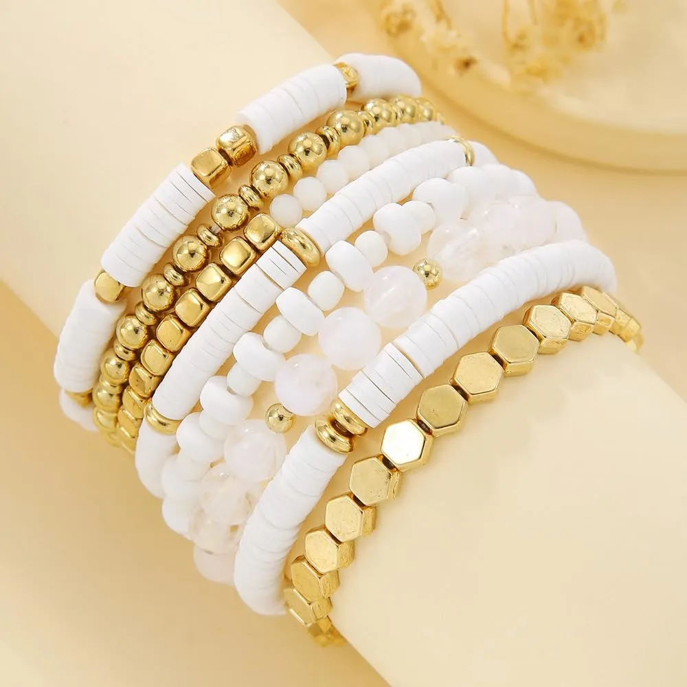 8Pcs Heishi Beaded Stretch Bracelets Bohemian Stackable Bracelet Heart Clay Gold Beaded Bracelet for Women Multi-Layer Friendship Summer Beach Jewelry