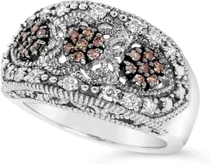 .925 Sterling Silver Chocolate Brown and White Diamond Three Stone Halo Milgrain Ring For Women 1/2 Carats Size 7