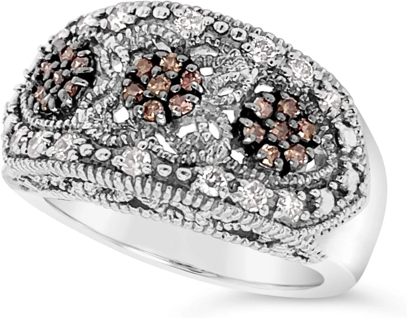 .925 Sterling Silver Chocolate Brown and White Diamond Three Stone Halo Milgrain Ring For Women 1/2 Carats Size 7