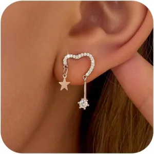 925 Sterling Silver Dainty Heart Hoop Hollowed Earrings for Women Asymmetrical Cubic Zirconia Star Dangle Earrings Hypoallergenic Infinity Sweet Love Jewelry to Daughter Mom Graduation Gift