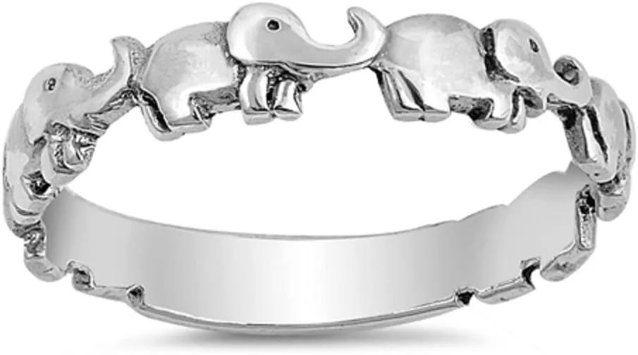 925 Sterling Silver Elephants Band Ring