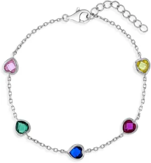 925 Sterling Silver Multicolored Bezel Heart Linked Bracelet For Little Girls - Children's Heart Themed Bracelets - Colorful Bezel Bracelet For Young Girls