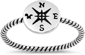 925 Sterling Silver Oxidized Compass Rope Band Ring