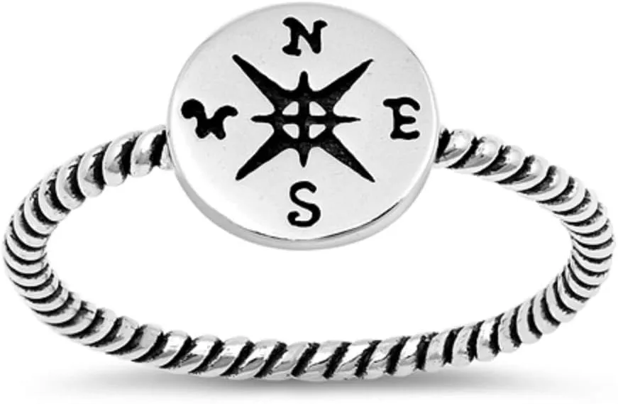 925 Sterling Silver Oxidized Compass Rope Band Ring