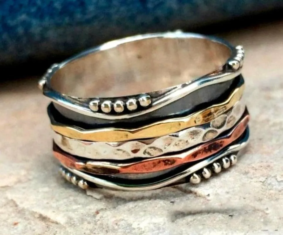 925 Sterling Silver Spinner Ring for Women, Yoga Maditation Spin ring Three Tone Handmade Ring Worry Ring, Thumb Ring, Fidget Rings, Promise Ring, Oxidised Ring Size US 9 Gift For Her