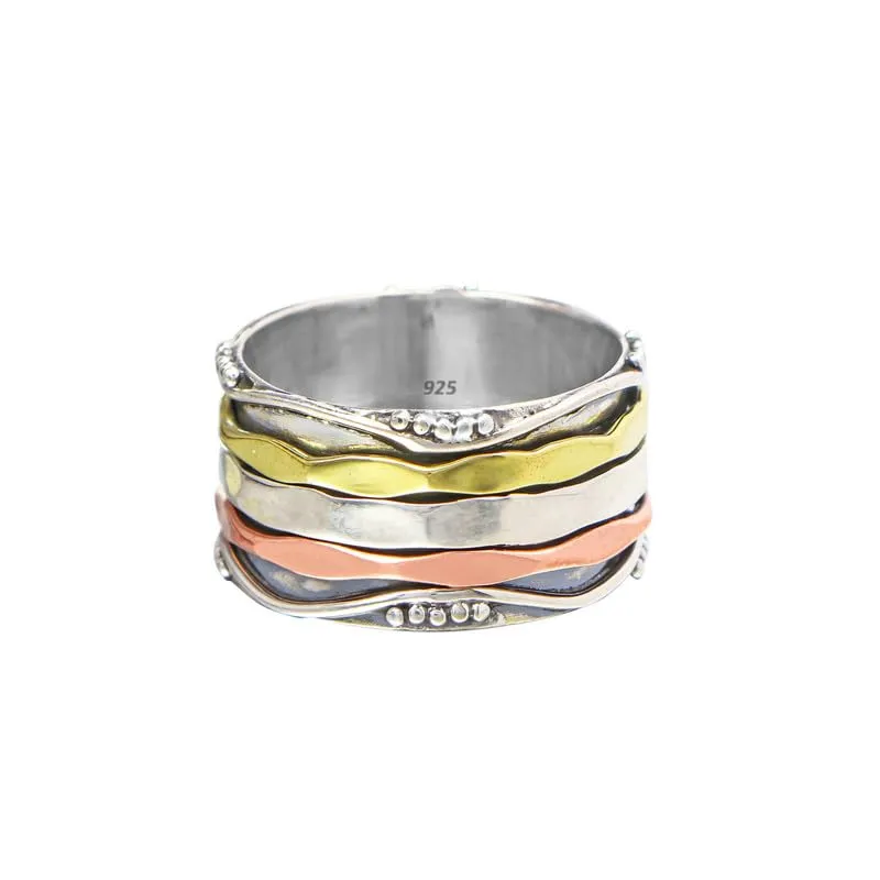 925 Sterling Silver Spinner Ring for Women, Yoga Maditation Spin ring Three Tone Handmade Ring Worry Ring, Thumb Ring, Fidget Rings, Promise Ring, Oxidised Ring Size US 9 Gift For Her
