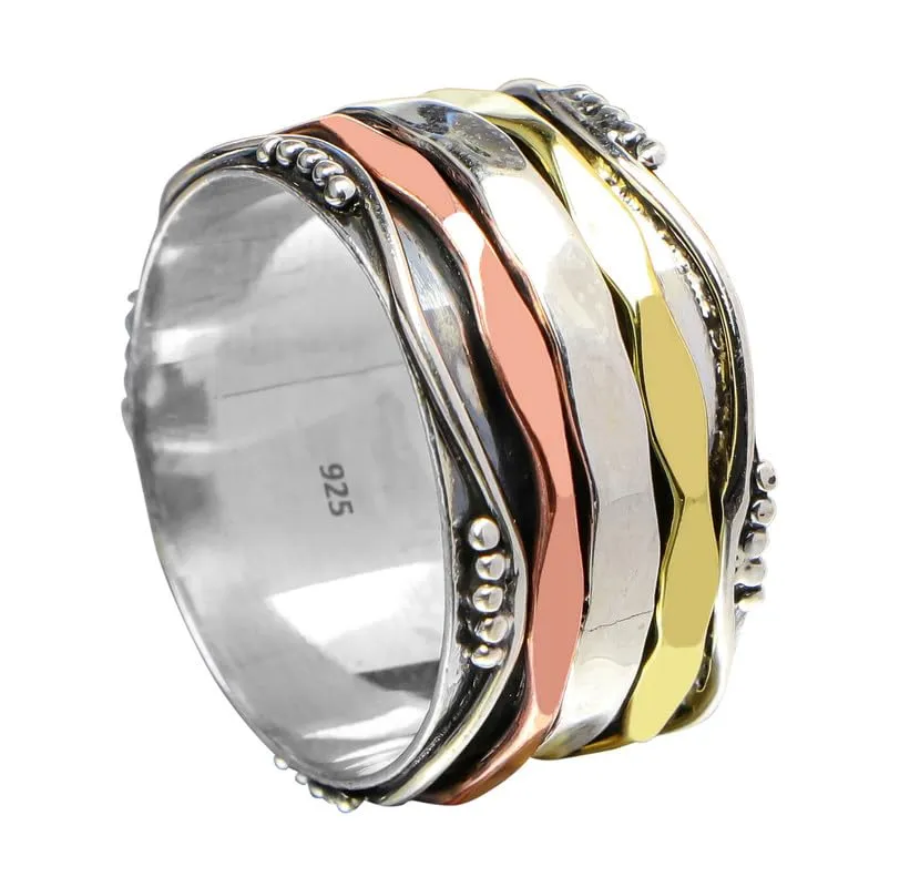 925 Sterling Silver Spinner Ring for Women, Yoga Maditation Spin ring Three Tone Handmade Ring Worry Ring, Thumb Ring, Fidget Rings, Promise Ring, Oxidised Ring Size US 9 Gift For Her