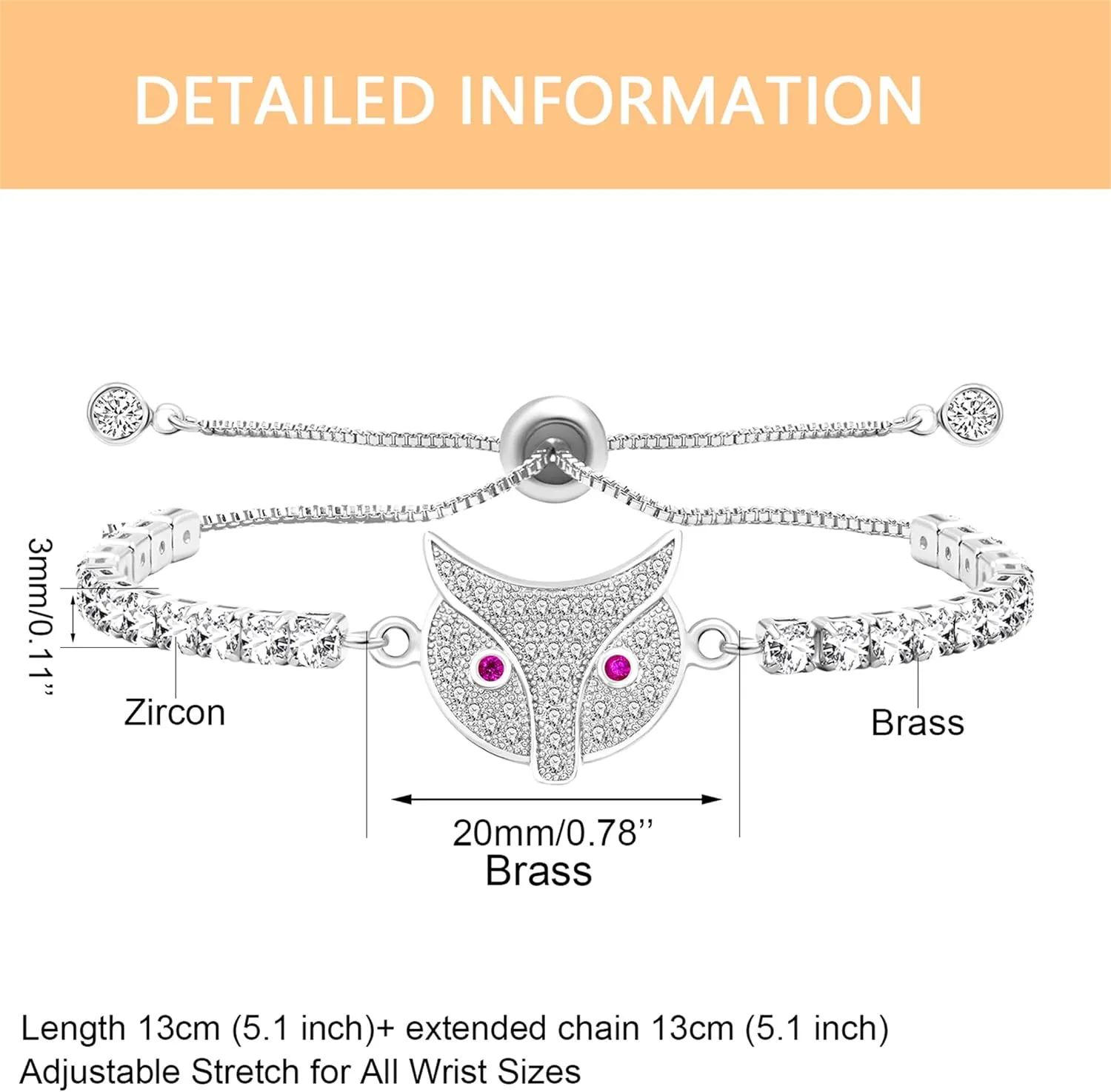 Adjustable Cute Fox Charm Tennis Bolo Bracelet with Slider Clasp for Women's Lover GF's Birthday Anniversary Graduation Love Crystal Jewelry