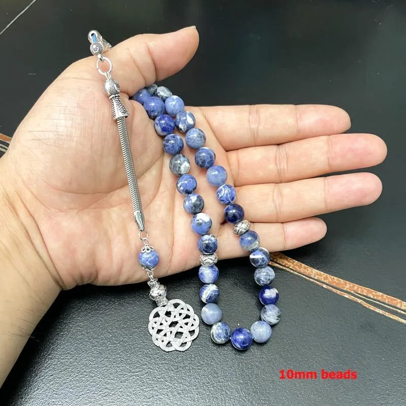 ALBASHAN Tasbih Natural Sodalite Bracelets Beaded Bracelet for Women Men Love Heart Blue Beads Stretch Healing Buddhist Prayer