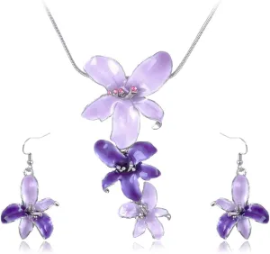Alilang Silvery Tone Pink Rhinestones Purple Hawaiian Flower Necklace Earrings Set
