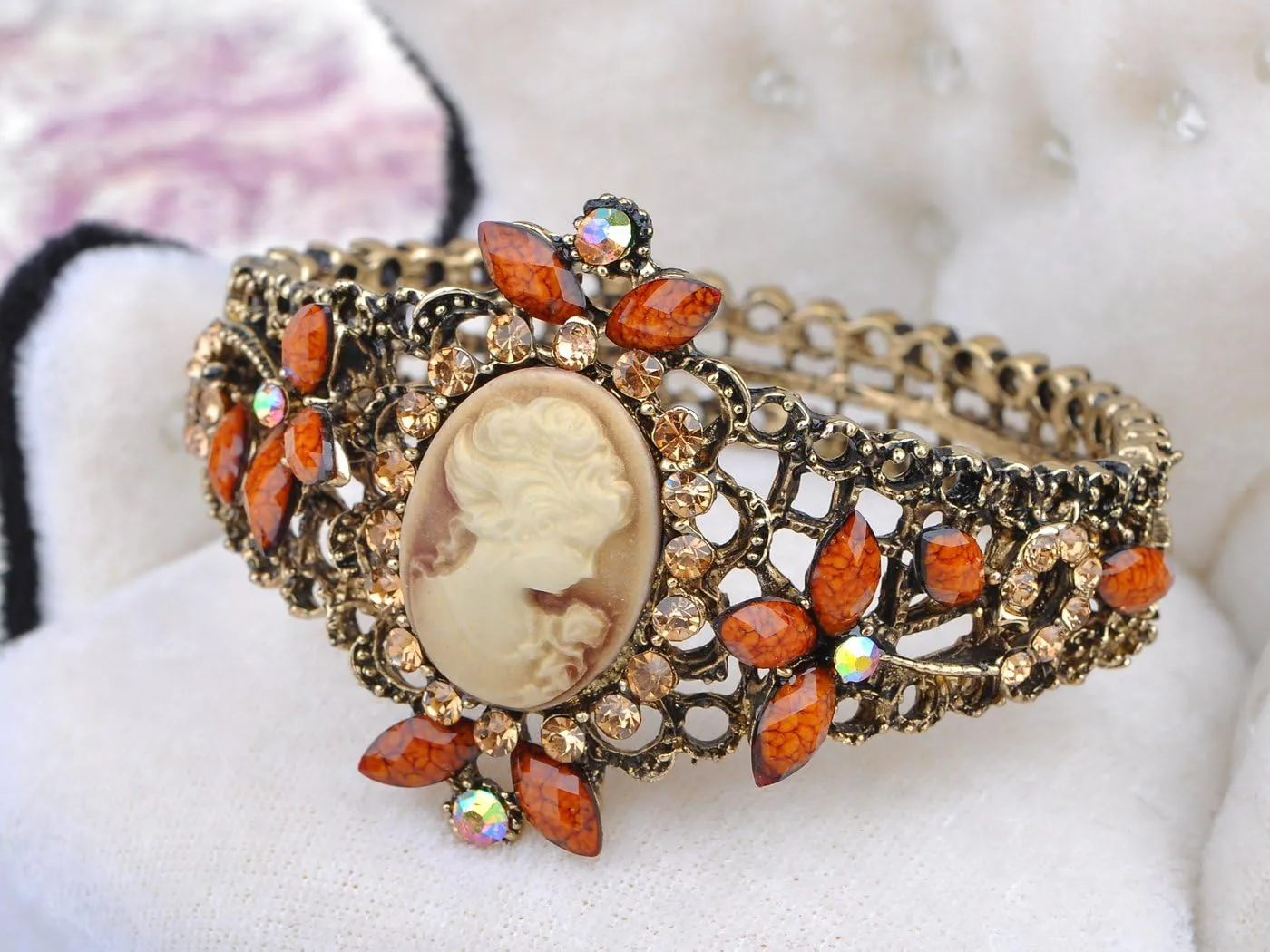 Alilang Womens Antique Golden Tone Purple Victorian Cameo Lady Bangle Bracelet