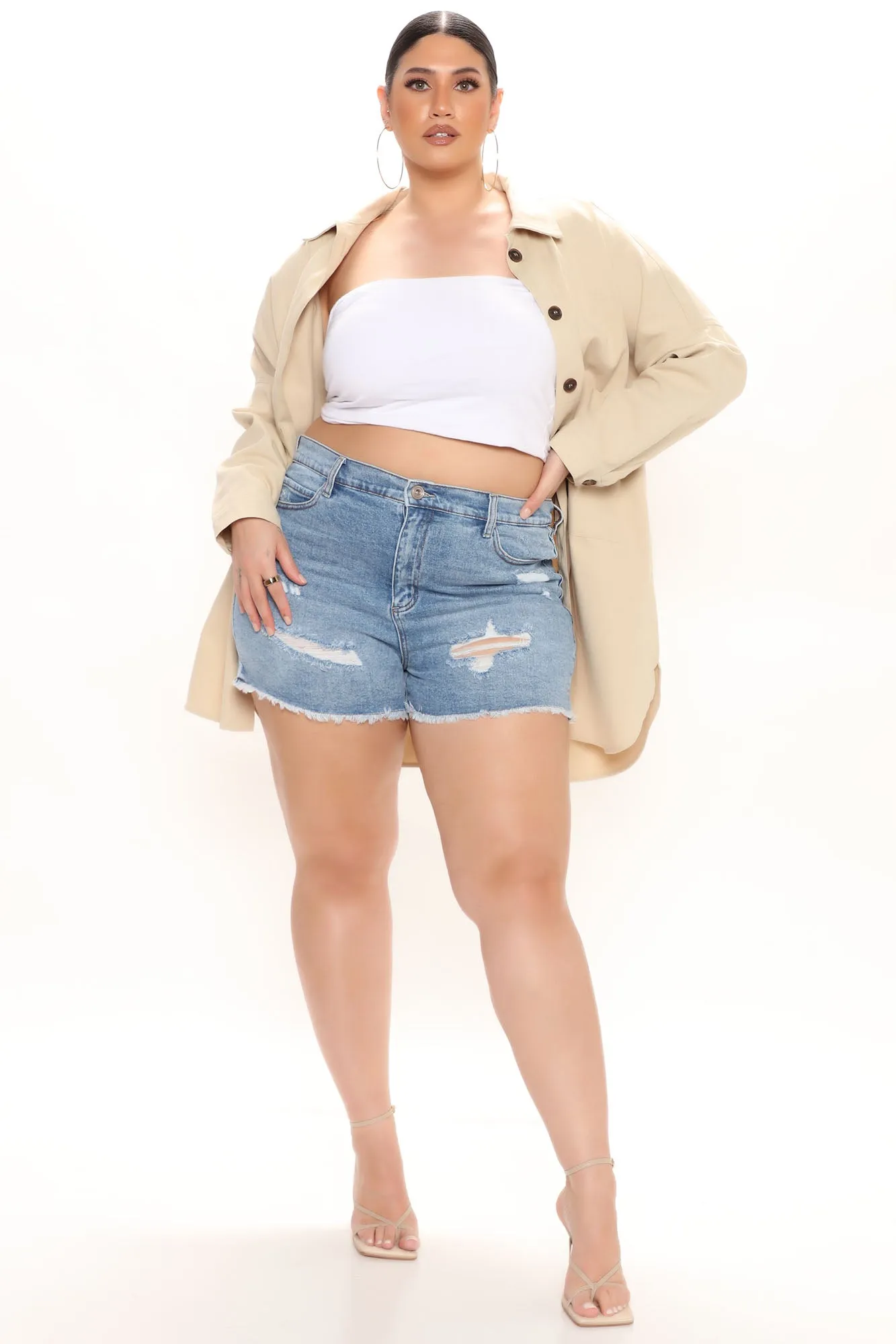 All Day High Waist Cut Off Stretch Denim Shorts - Medium Blue Wash