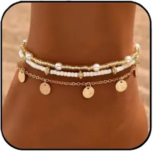 Aluinn Boho Gold Anklet Set - Boho Beach Jewelry White Beads, Starfish & Shell Charms, Life Tree Design for Summer Vacation/Gift Giving, Trendy & Cute Foot Accessories for women