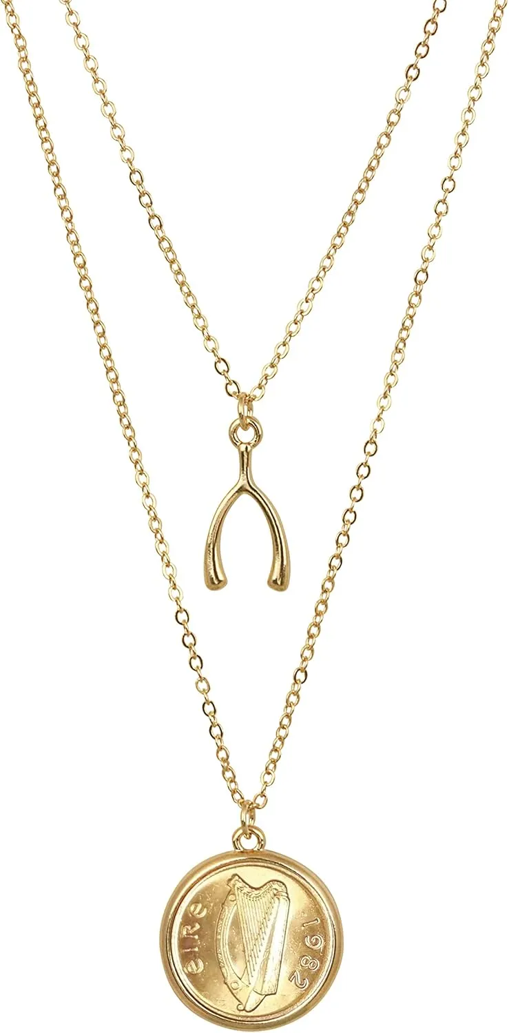 American Coin Treasures Pendant Irish Half Penny Coin Necklace- Double Strand 18&16 Inch Cable Chain- Goldtone Bezel- Harp Obverse Side