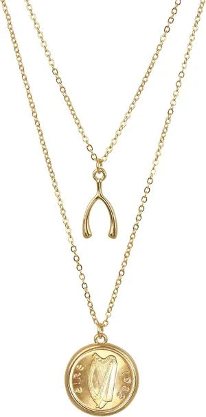 American Coin Treasures Pendant Irish Half Penny Coin Necklace- Double Strand 18&16 Inch Cable Chain- Goldtone Bezel- Harp Obverse Side