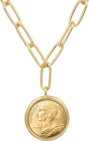 American Coin Treasures Pendant Marianne Coin Necklace- 18 Inch Paper Clip Style Chain- Goldtone Round Bezel- French 20 Centimes
