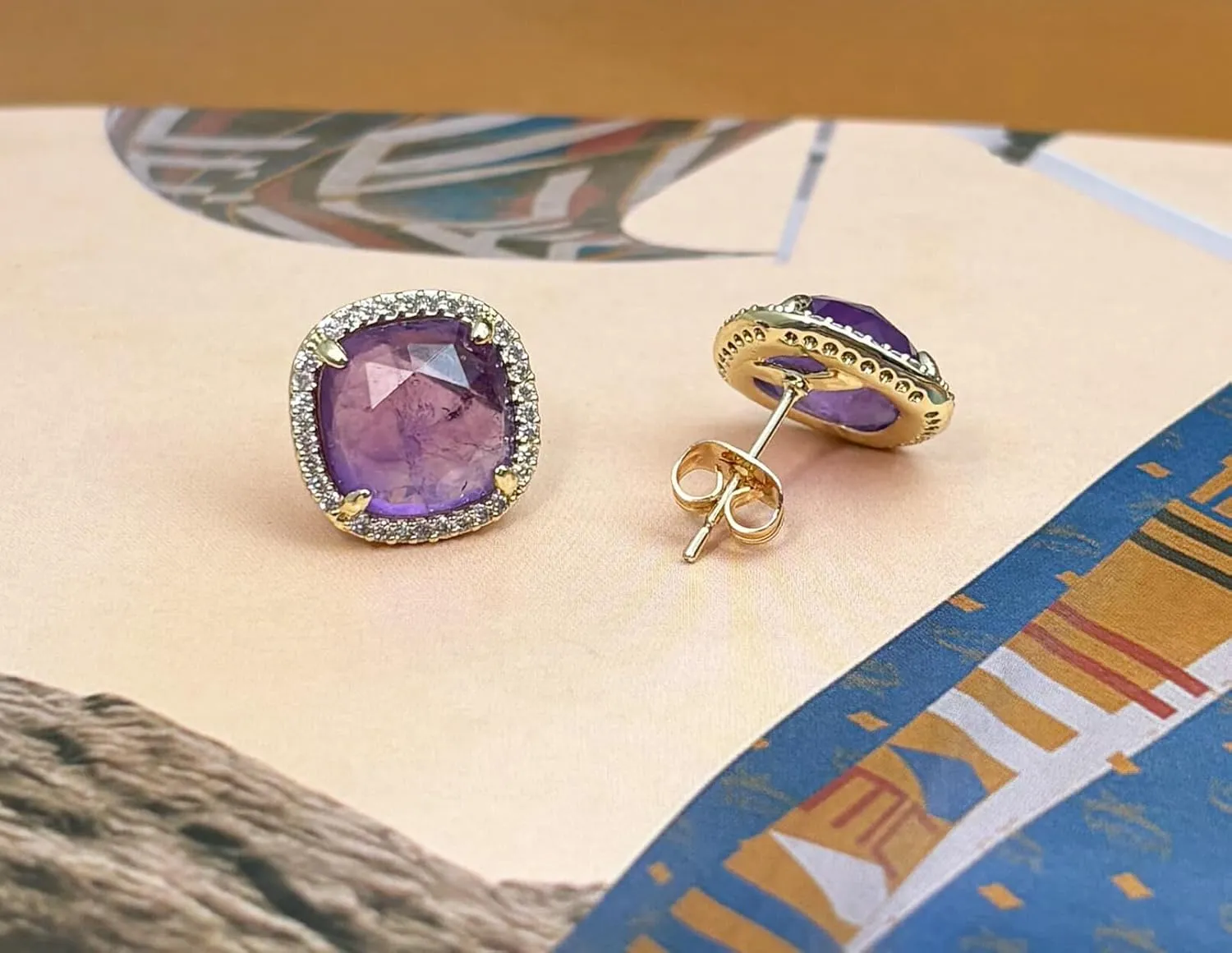 Amethyst Stud Earrings, Purple Earrings for Women, Gold Plated Stud Earrings for Women, Natural Crystal Earrings February Birthstone Jewelry