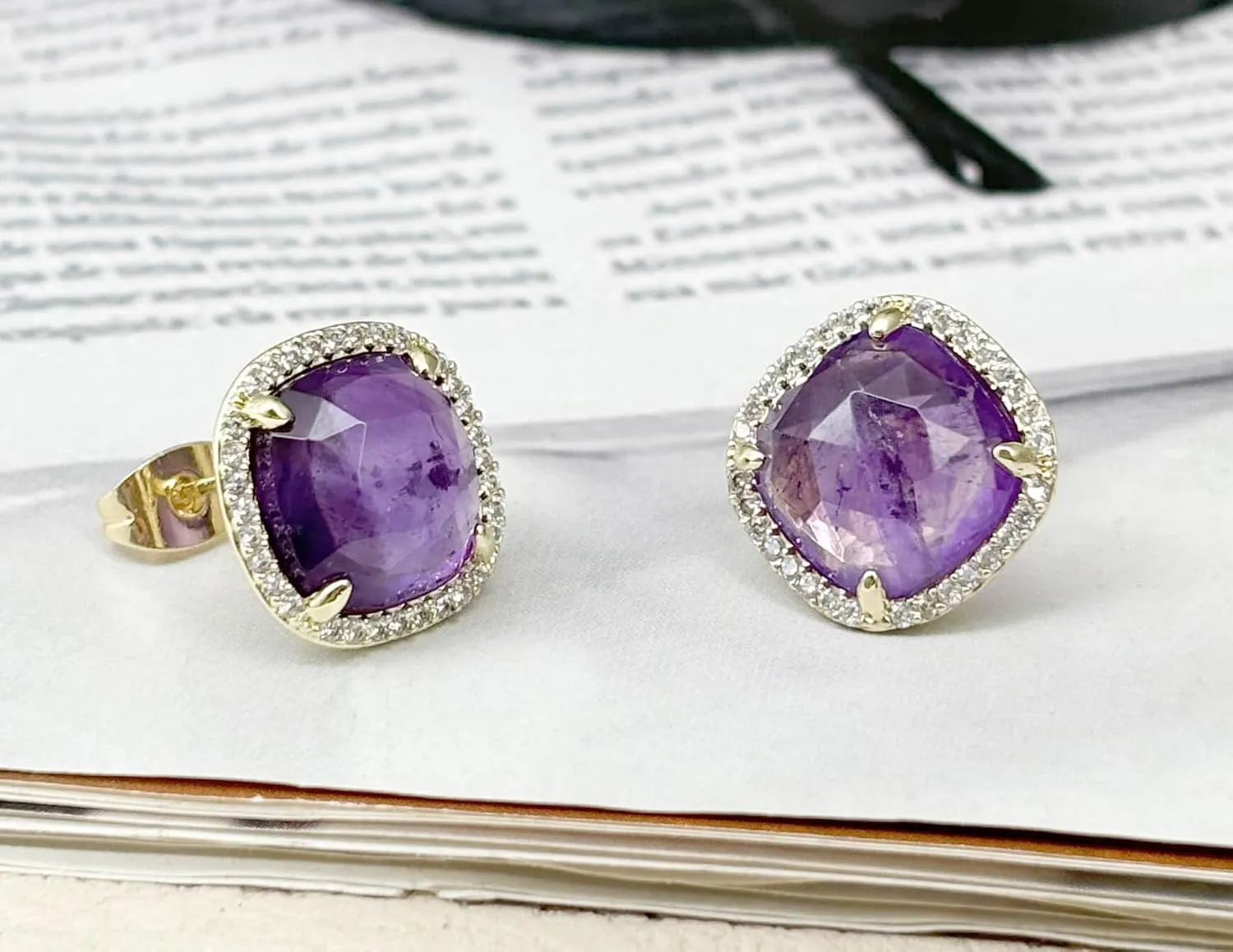 Amethyst Stud Earrings, Purple Earrings for Women, Gold Plated Stud Earrings for Women, Natural Crystal Earrings February Birthstone Jewelry