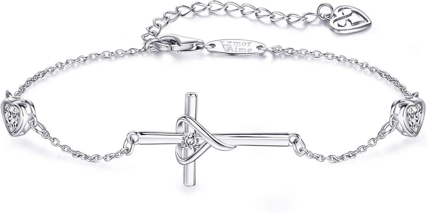 AmorAime 925 Sterling Silver Bracelets for Women Cross Bracelet Birthstone Jewelry for Festival, Vacation or Holiday
