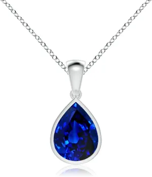 Angara Bezel-Set Pear Lab Grown Blue Sapphire Solitaire Pendant in 14K Solid Gold/Platinum | September Birthstone, Birthday, Engagement, Anniversary, Wedding Jewelry Gift for Women