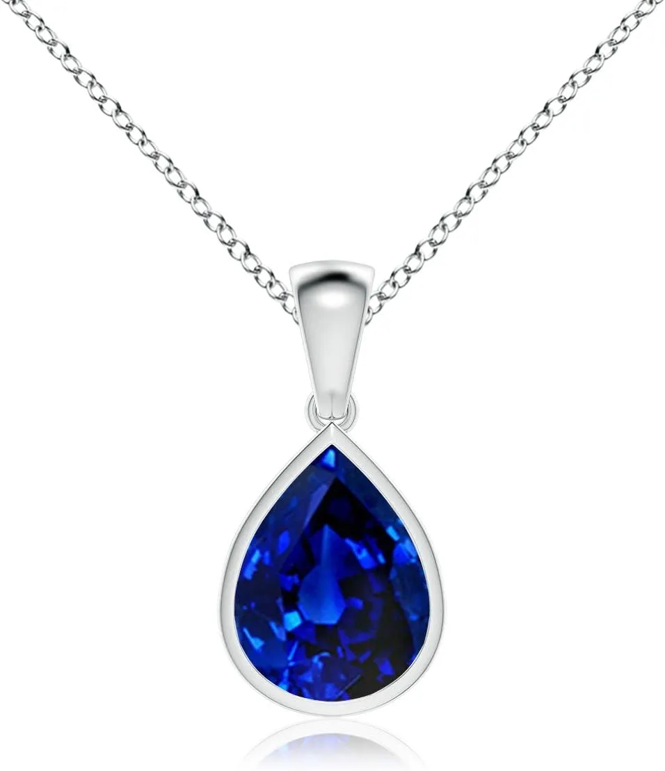 Angara Bezel-Set Pear Lab Grown Blue Sapphire Solitaire Pendant in 14K Solid Gold/Platinum | September Birthstone, Birthday, Engagement, Anniversary, Wedding Jewelry Gift for Women