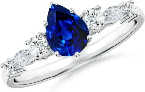Angara Lab Grown Classic Pear Blue Sapphire Side Stone Engagement Ring in 14K Solid Gold/Platinum | September Birthstone, Birthday, Anniversary, Wedding Jewelry Gift for Women