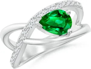 Angara Lab Grown Criss Cross Pear Shaped Emerald Ring with Diamond Accents in 14K Solid Gold/Platinum | May Birthstone, Birthday, Engagement, Anniversary, Wedding Jewelry Gift for Women