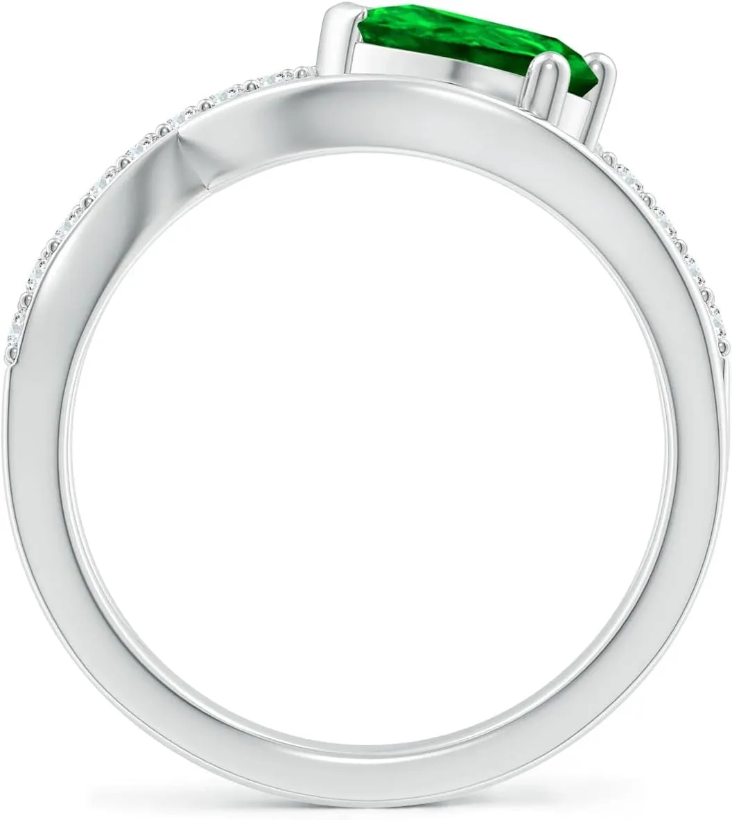Angara Lab Grown Criss Cross Pear Shaped Emerald Ring with Diamond Accents in 14K Solid Gold/Platinum | May Birthstone, Birthday, Engagement, Anniversary, Wedding Jewelry Gift for Women