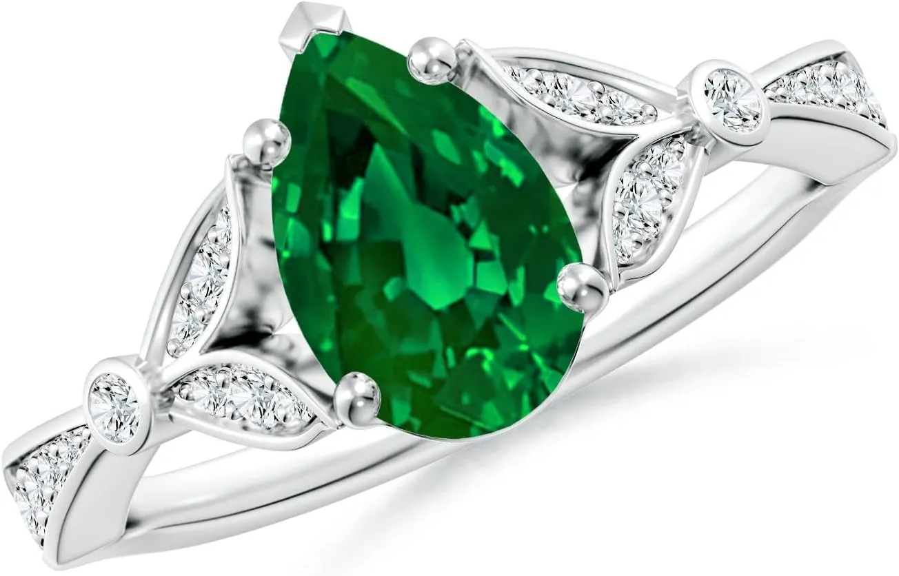 Angara Lab Grown Nature-Inspired Pear Emerald Engagement Ring with Leaf Motifs in 14K Solid Gold/Platinum | May Birthstone, Birthday, Anniversary, Wedding Jewelry Gift for Women