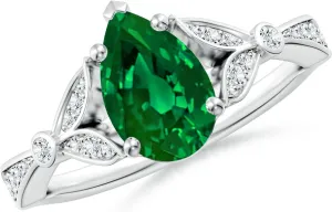Angara Lab Grown Nature-Inspired Pear Emerald Engagement Ring with Leaf Motifs in 14K Solid Gold/Platinum | May Birthstone, Birthday, Anniversary, Wedding Jewelry Gift for Women