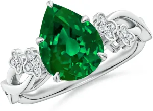 Angara Lab Grown Nature-Inspired Pear Emerald Floral Engagement Ring in 14K Solid Gold/Platinum | May Birthstone, Birthday, Anniversary, Wedding Jewelry Gift for Women