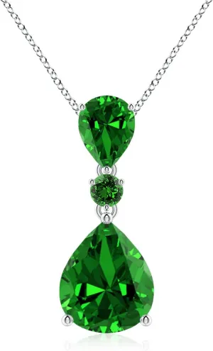 Angara Lab Grown Pear and Round Emerald Three Stone Pendant in Silver / 14K Solid Gold/Platinum | May Birthstone, Birthday, Engagement, Anniversary, Wedding Jewelry Gift for Women