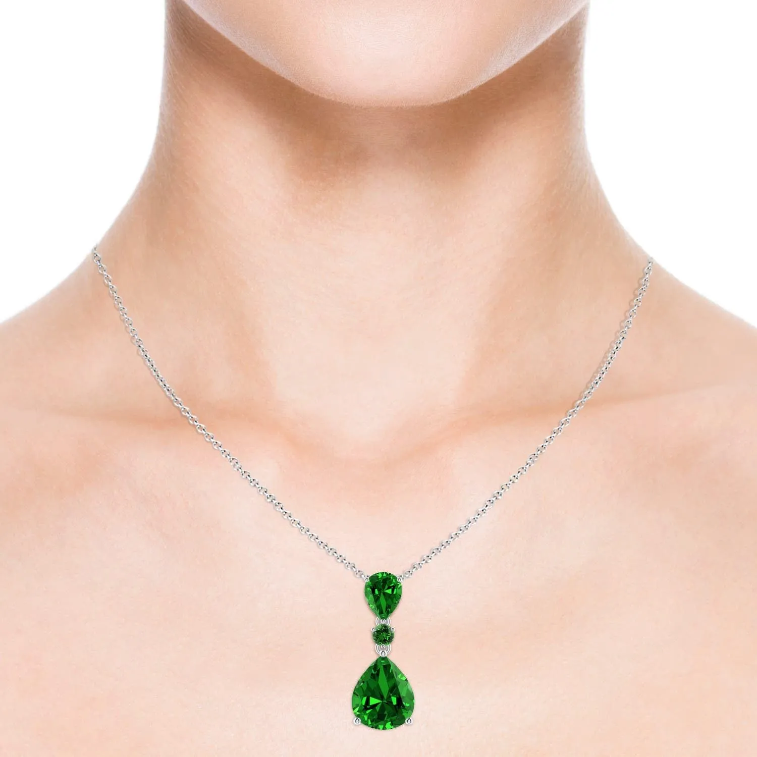 Angara Lab Grown Pear and Round Emerald Three Stone Pendant in Silver / 14K Solid Gold/Platinum | May Birthstone, Birthday, Engagement, Anniversary, Wedding Jewelry Gift for Women