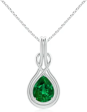 Angara Lab Grown Pear Emerald Solitaire Infinity Knot Pendant in 14K Solid Gold/Platinum | May Birthstone, Birthday, Engagement, Anniversary, Wedding Jewelry Gift for Women