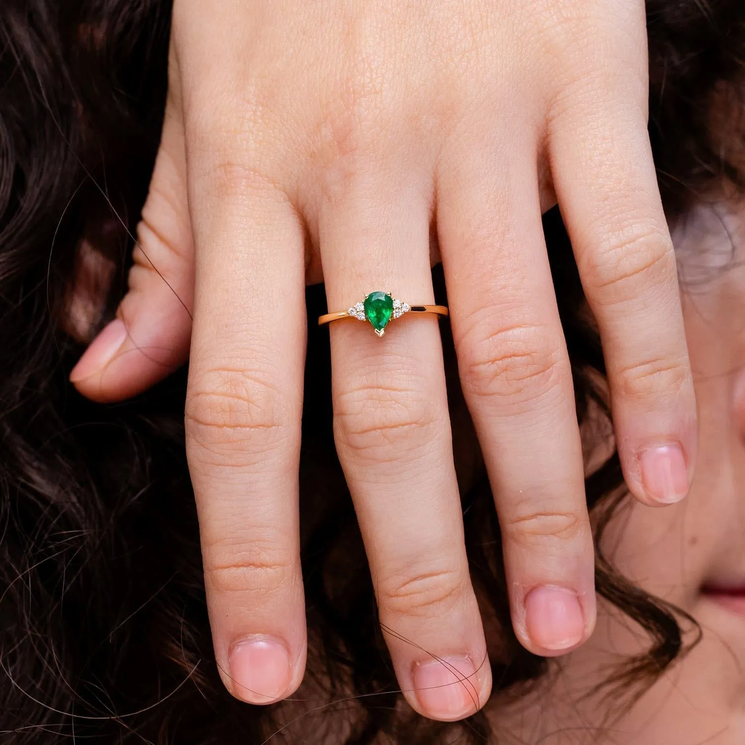 Angara Lab Grown Pear Emerald Solitaire Ring with Trio Diamond Accents in 14K Solid Gold/Platinum | May Birthstone, Birthday, Engagement, Anniversary, Wedding Jewelry Gift for Women
