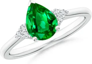 Angara Lab Grown Pear Emerald Solitaire Ring with Trio Diamond Accents in 14K Solid Gold/Platinum | May Birthstone, Birthday, Engagement, Anniversary, Wedding Jewelry Gift for Women