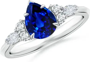 Angara Lab Grown Pear Shape Blue Sapphire Side Stone Engagement Ring with Diamonds in 14K Solid Gold/Platinum | September Birthstone, Birthday, Anniversary, Wedding Jewelry Gift for Women