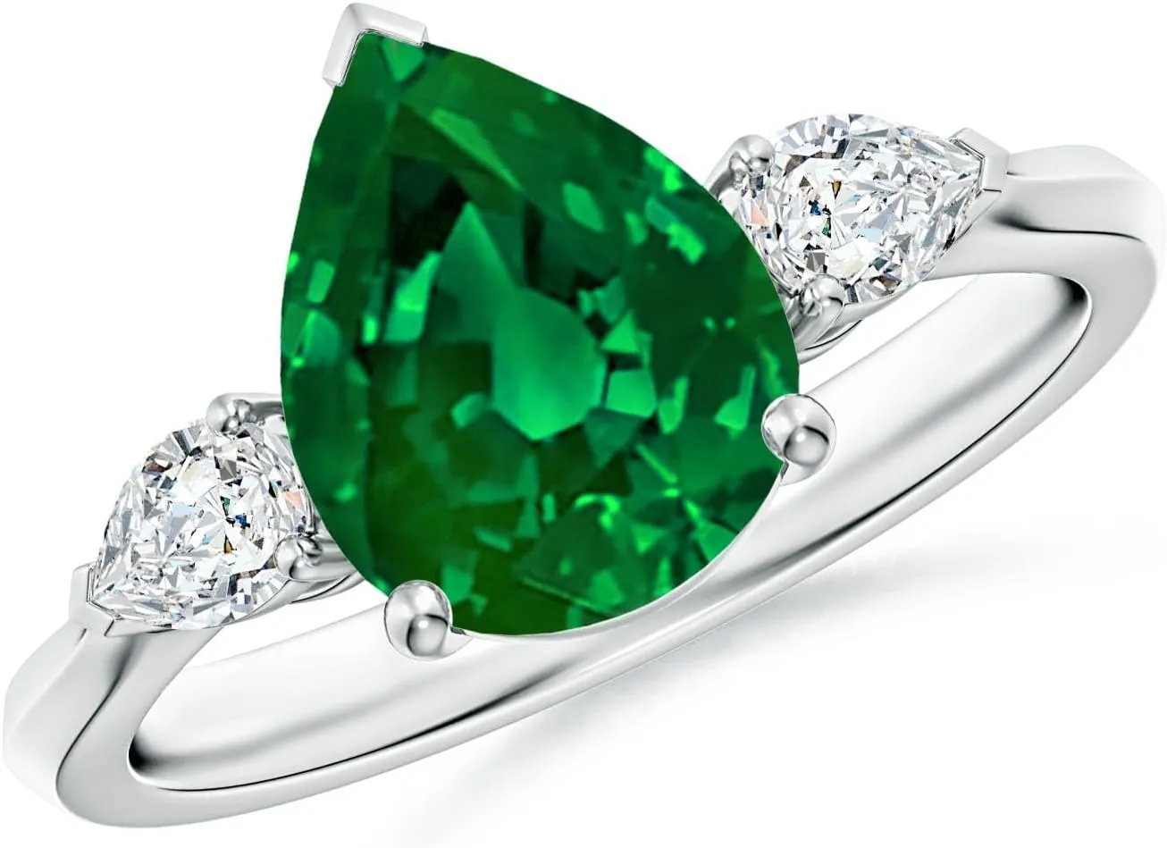Angara Lab Grown Pear shape Emerald Three Stone Engagement Ring in 14K Solid Gold/Platinum | May Birthstone, Birthday, Anniversary, Wedding Jewelry Gift for Women