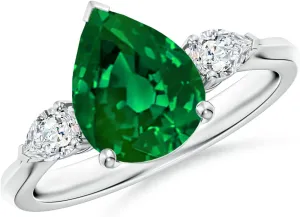 Angara Lab Grown Pear shape Emerald Three Stone Engagement Ring in 14K Solid Gold/Platinum | May Birthstone, Birthday, Anniversary, Wedding Jewelry Gift for Women